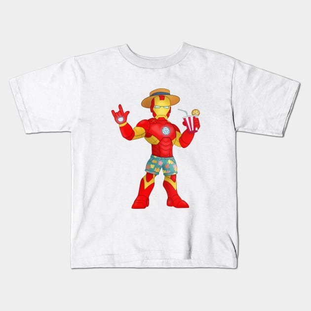 Iron Man's Beach Day: Superhero on Vacation Kids T-Shirt by ShutterStudios